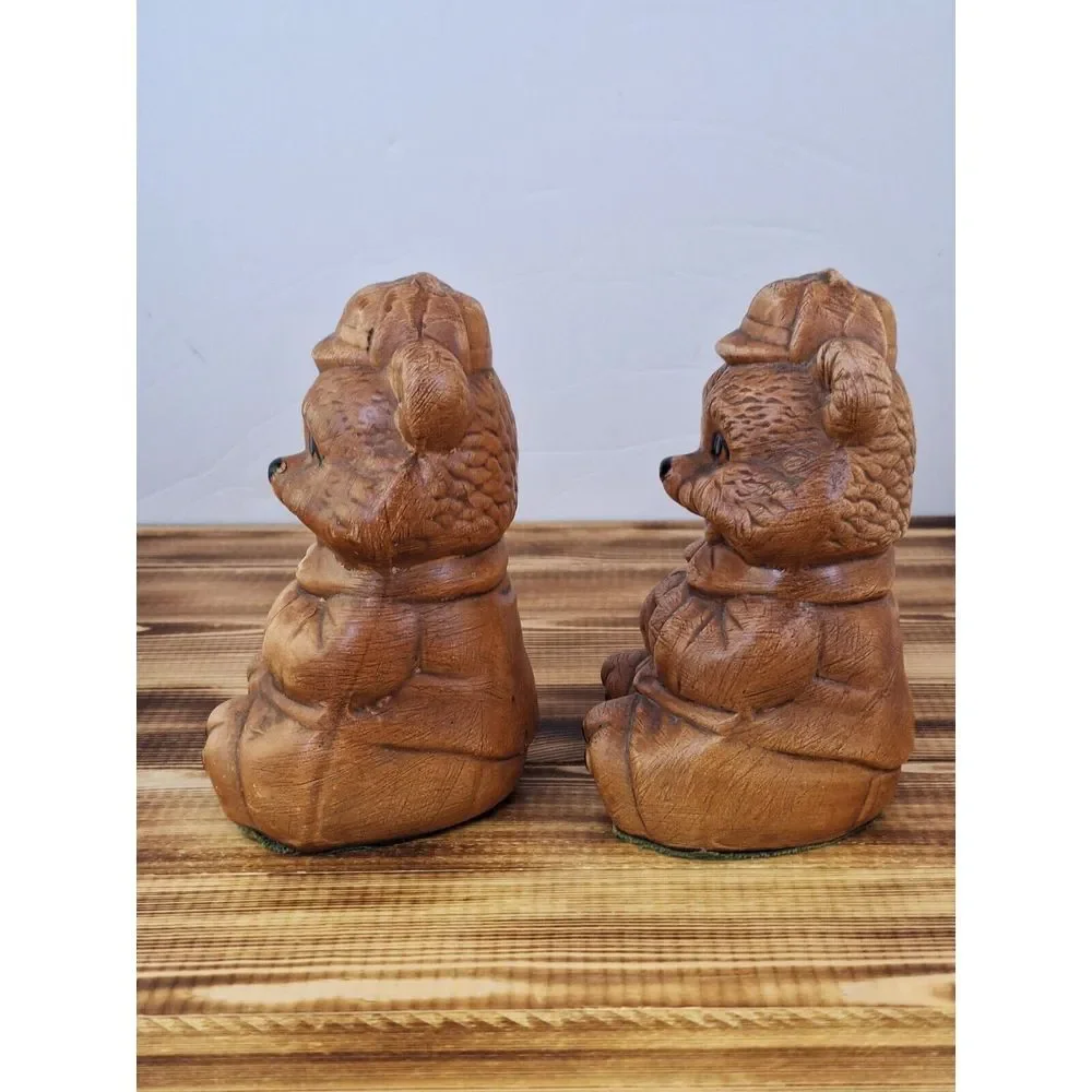 Set of 2 - Large‎ Teddy Salt Pepper Shakers 1960s Felted Bottom Bear In Hat 5